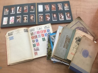 Lot 1262 - Box of cigarette cards, stamps, postcards and other ephemera