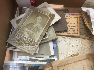 Lot 1262 - Box of cigarette cards, stamps, postcards and other ephemera