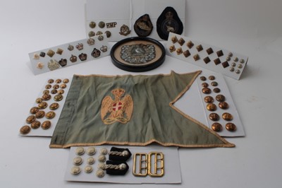 Lot 788 - Group of Royal Military Police badges, buttons and other related items together with a pennant and a bullion work badge in glazed frame.