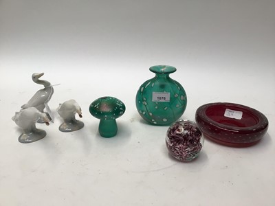 Lot 1076 - Phoenician art glass vase, ditto paperweight, another glass paperweight, Whitefriars bowl and three Lladro geese (7)