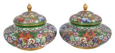 Lot 833 - Pair of good quality Japanese cloisonné squat pots and covers