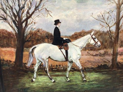 Lot 55 - J. Whitmore early 20th Century, oil on canvas, A lady riding side-saddle on a grey hunter, signed. 34 x 44cm