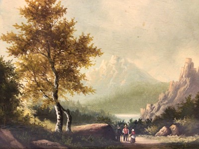 Lot 59 - Swiss School 19th Century, Figures in a mountainous landscape, oil on board, in gilt frame. 19 x 24cm