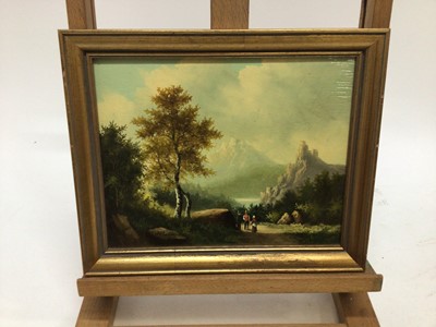 Lot 59 - Swiss School 19th Century, Figures in a mountainous landscape, oil on board, in gilt frame. 19 x 24cm