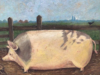 Lot 60 - English School mid 20th Century, oil on panel, A prize pig in a landscape, in a maple frame. 30 x 40cm