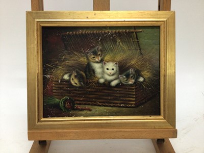 Lot 63 - English School, oil on panel, Kittens in a basket, in gilt frame. 20 x 25cm