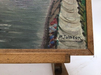 Lot 64 - P. Johnson circa 1950, oil on board, A view of Henley Regatta, oil on board, signed, in wooden frame. 31 x 39cm