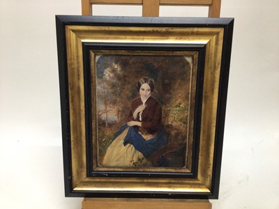 Lot 66 - Victorian School, oil on board, An attractive woman seated in a woodland setting, in gilt frame. 27 x 21cm
