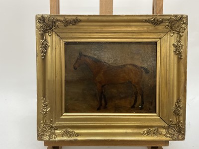 Lot 67 - English School 19th Century, oil on board, A chestnut hunter in a stable, in gilt frame. 19 x 24cm