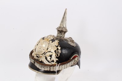 Lot 723 - First World War Bavarian Officers picklehaub with silvered helmet plate and fittings including fluted spike , scaled chinstrap , original silk and leather lining