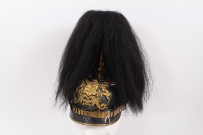 Lot 724 - First World War Wurtemberg Officers picklehaub with full dress yak hair plume , brass helmet plate and mounts , national and state cockades, brass scaled chin strap and leather and silk lining