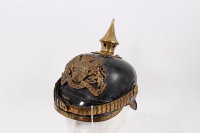 Lot 725 - First World War Bavarian Reservist N.C.O.S picklehaub with gilt and silvered helmet plate , brass chin scales, State and National cockades , leather skull with original liner