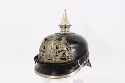 Lot 728 - First World War Bavarian picklehaub with silvered helmet plate and fittings, leather chinstrap and original lining