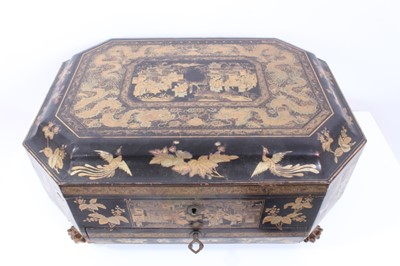 Lot 2230 - Good 19th century Chinese lacquered sewing box with ivory contents, the outside decorated in gilt with figural scenes, dragons, birds and flowers, on four paw feet, 36cm wide