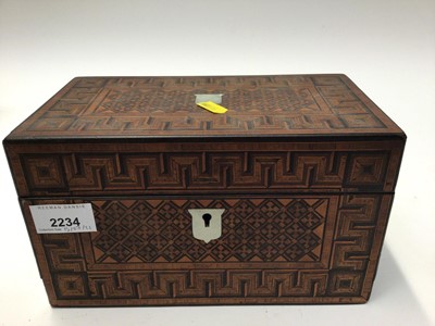 Lot 2234 - Victorian inlaid tea caddy with Greek key borders, mother of pearl escutcheon and cartouche, two interior lidded divisions, 23.5cm wide