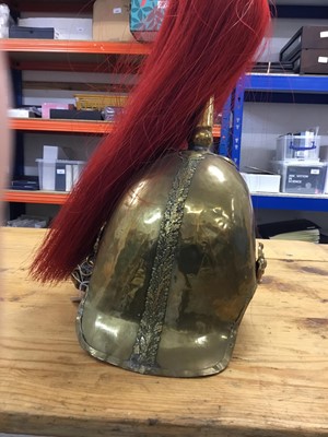 Lot 736 - Victorian Dragoon Guards 1871 Pattern helmet with later alterations, red plume, brass chin chain - lining missing