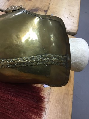 Lot 736 - Victorian Dragoon Guards 1871 Pattern helmet with later alterations, red plume, brass chin chain - lining missing