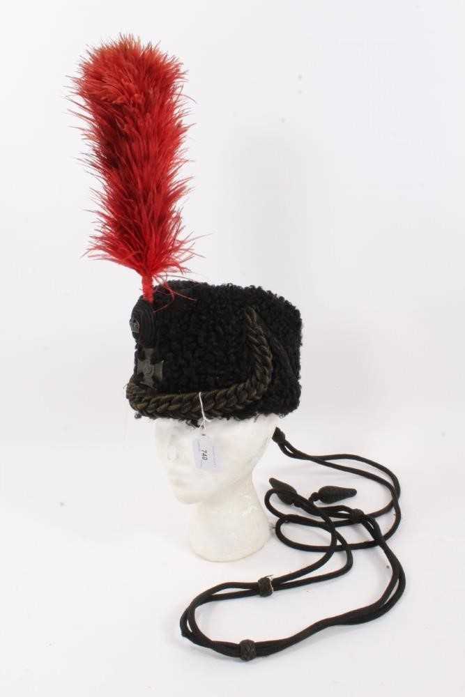 Lot 740 - George V Kings Royal Rifle Corps Officers' busby, beaver lamb body with Kings Crown badge and black rope work, red feather plume and black cords