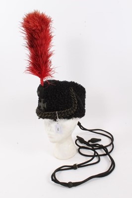 Lot 740 - George V Kings Royal Rifle Corps Officers' busby, beaver lamb body with Kings Crown badge and black rope work, red feather plume and black cords