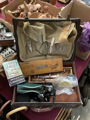 Lot 2254 - Leather fly fishing case with contents, to include a Hardy Uniqua reel, quantity of flies, other reels, The Dunholm Line Drier, and other items