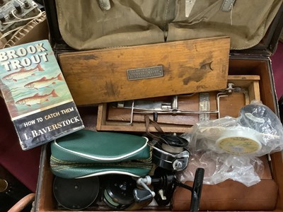 Lot 2254 - Leather fly fishing case with contents, to include a Hardy Uniqua reel, quantity of flies, other reels, The Dunholm Line Drier, and other items