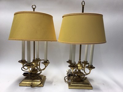 Lot 2278 - Pair of brass four-branch lamps and shades, together with a library lamp with green shade