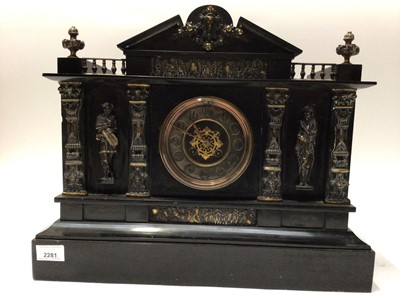 Lot 2281 - Large antique slate mantel clock, decorated in the classical style with brass columns, figures and friezes, 46.5cm wide