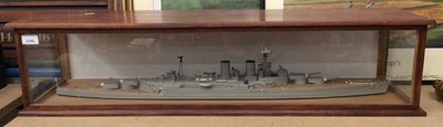 Lot 2405 - Large model of HMS Hood in a glazed wooden case, the case measuring 97cm wide