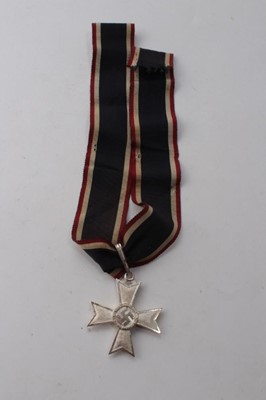 Lot 783 - Second World War Nazi Knights Cross of War Merit without swords (earlier silver plated zinc issue) with ribbon