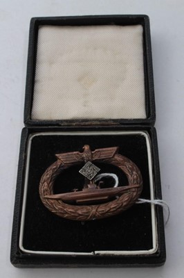 Lot 771 - Second World War Nazi U - Boat War badge, later adapted to Diamond award issue, stamped Schwerin, Berlin 68 to reverse, in fitted case