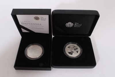 Lot 445 - G.B. - The Royal Mint issued silver proof 1oz Britannia coins 2010 and 2017 (NB boxed with certificates of authenticity) (2 coins)