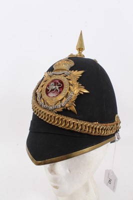 Lot 743 - Edwardian Officers blue cloth helmet of the Royal Lancaster Regiment with original chin chain and leather and silk lining.