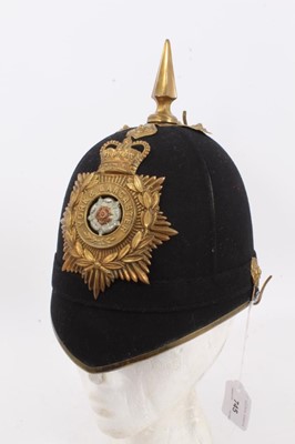 Lot 745 - Edwardian other ranks blue cloth helmet with 1950s Queens Crown York and Lancaster Regiment helmet plate and leather and silk lining by Anderson & Sons, York