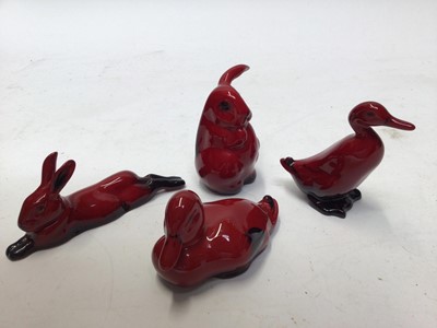 Lot 1108 - Four Royal Doulton Flambé miniature animals - two ducks, and two rabbits