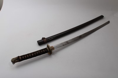 Lot 958 - 19th century Japanese katana with bronze tsuba, curved steel blade, signed to tang, in lacquered scabbard, the blade 64cm, 94.5cm overall