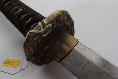 Lot 958 - 19th century Japanese katana with bronze tsuba, curved steel blade, signed to tang, in lacquered scabbard, the blade 64cm, 94.5cm overall