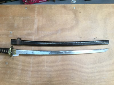 Lot 958 - 19th century Japanese katana with bronze tsuba, curved steel blade, signed to tang, in lacquered scabbard, the blade 64cm, 94.5cm overall