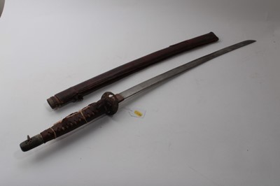 Lot 959 - 19th century Japanese katana with iron tsuba and Silverer inlaid fittings, with unsigned curved blade, in leather covered scabbard, the blade 61.5cm, 94cm overall