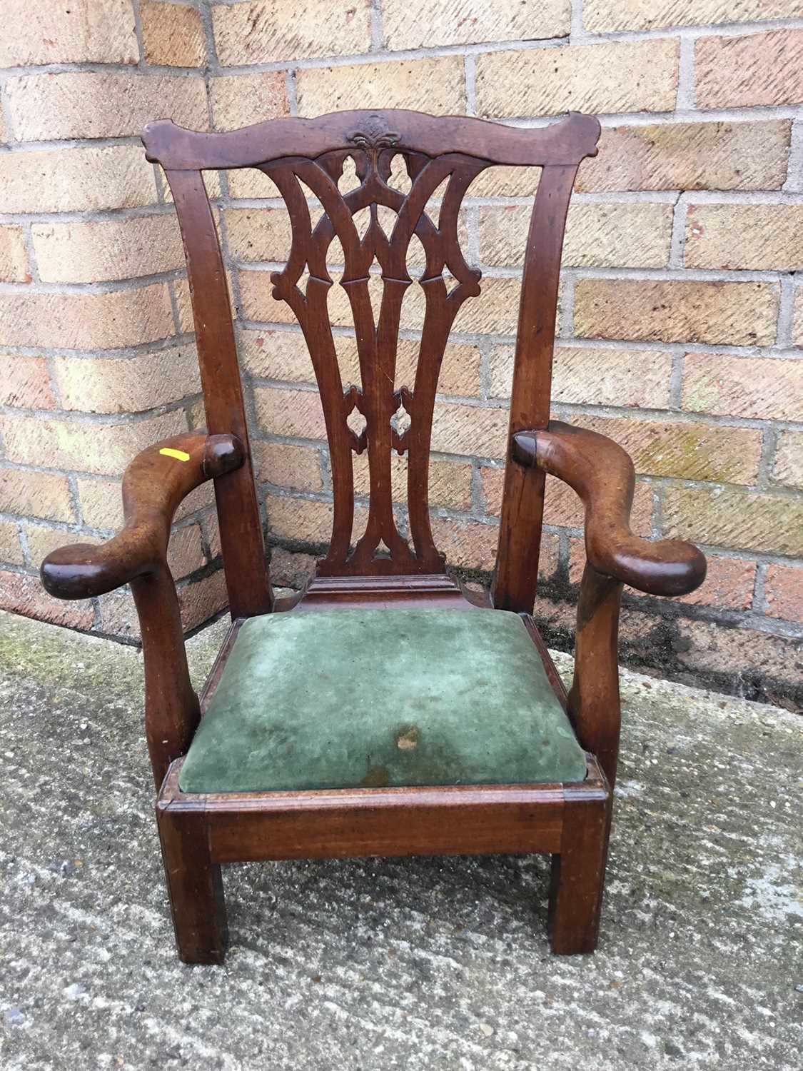 Lot 862 - 19th century and later mahogany child's chair, the shaped pierced splat above scroll arms and drop-in seat, on square legs