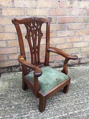 Lot 862 - 19th century and later mahogany child's chair, the shaped pierced splat above scroll arms and drop-in seat, on square legs