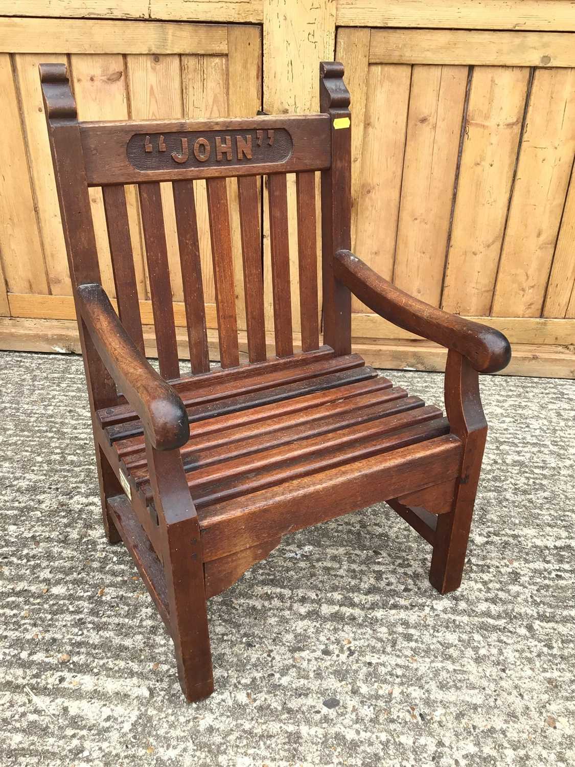 Lot 863 - Late Victorian child's chair, the top rail carved with the name "John", with plaque stating 'Made from timber removed from H.M.S. "Britannia", cadet training ship at Dartmouth 1869-1905'