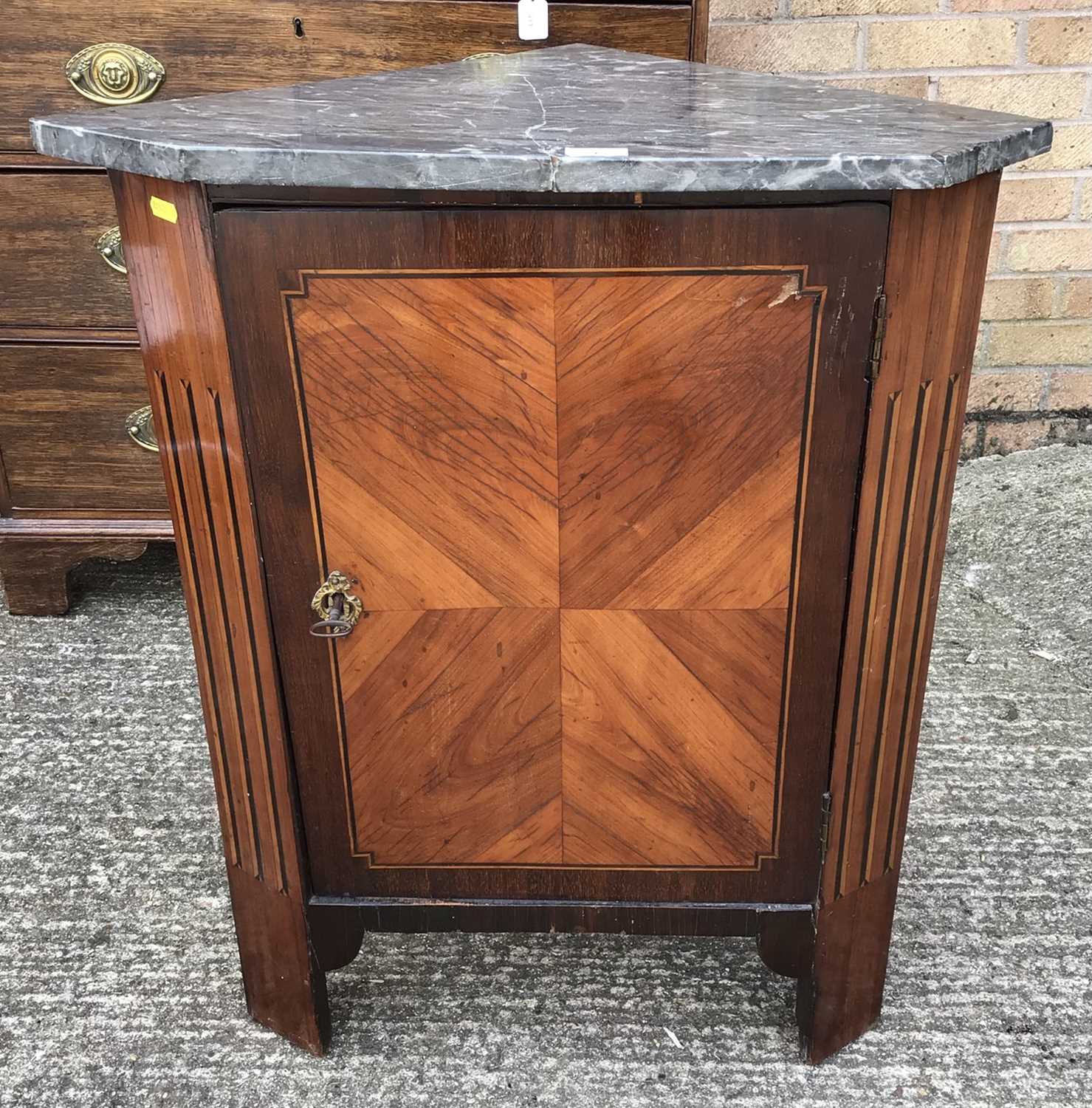 Lot 913 - 19th century Continental rosewood and kingwood corner cupboard, with marble top (broken), inlaid panels and block feet