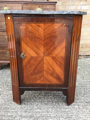 Lot 913 - 19th century Continental rosewood and kingwood corner cupboard, with marble top (broken), inlaid panels and block feet