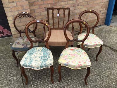 Lot 869 - Georgian mahogany open elbow chair with upholstered seat, set of three Victorian balloon back chairs and one other similar