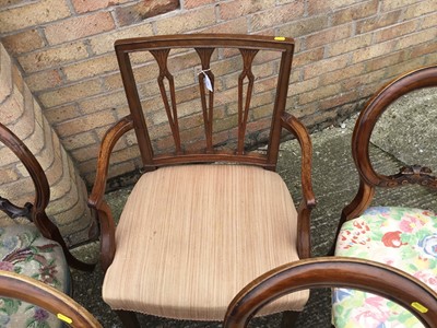 Lot 926 - Georgian mahogany open elbow chair with upholstered seat, set of three Victorian balloon back chairs and one other similar