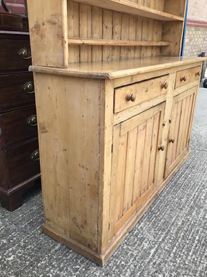 Lot 914 - Victorian pine two height kitchen dresser, the raised open back above two drawers and two cupboards below
