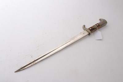 Lot 966 - Nazi Police Bayonet, with polished steel blade by Weyersberg, Kirschbaum & Co, Solingen, two piece horn grip with replacment badge and eagles head pommel, in leather scabbard with nickel plated mou...