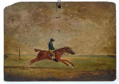 Lot 1037 - English School, early 19th century, oil on panel - Horse and Jockey, indistinctly inscribed, 17.5cm x 24.5cm, unframed