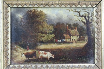 Lot 1287 - English School, 19th century, oil on board - cattle grazing before a cottages, 10.5cm x 15.5cm, in gilt frame