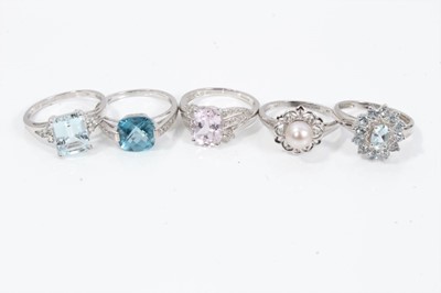 Lot 233 - Five 9ct white gold diamond and gem set rings